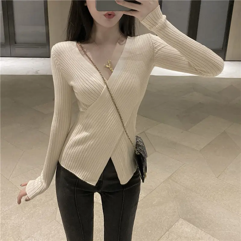 2020 Autumn Winter Women's Knitwear Sexy Across V-Neck Chic Casual Basic Women Sweater Long Sleeve Slim Knitted Pullover