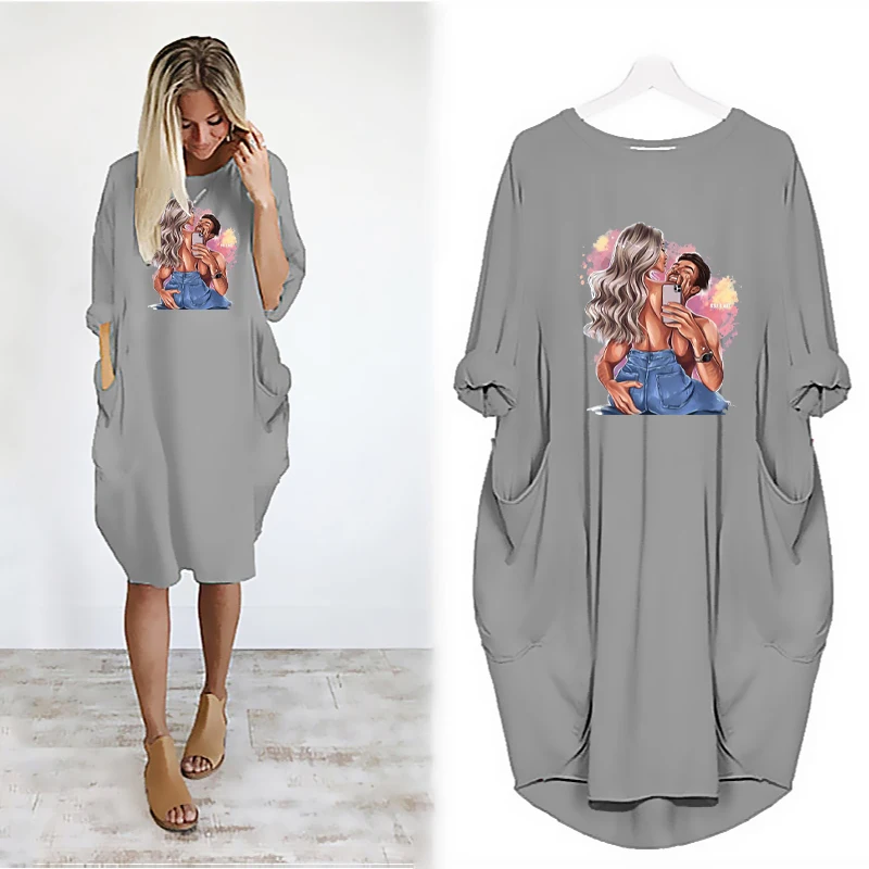 

Women Midi Dresses Long Sleeve Robe Femme Beach Loose Dress Pocket Cartoon Lovers Print Casual Party Vestidos Female Autumn 2021