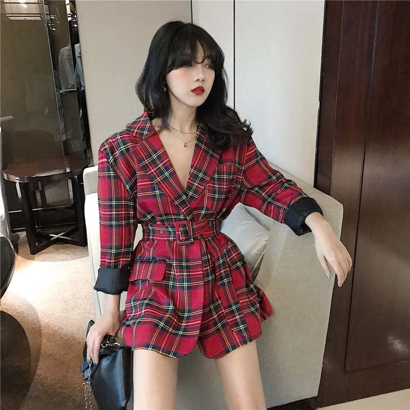 Женский блейзер в клетку с длинным рукавом и поясом красный модный офисный