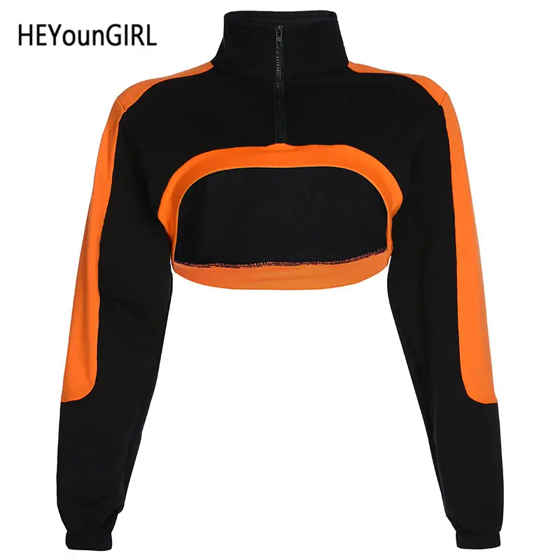 Черный HEYounGIRL Лоскутная Повседневная укороченная Женский свитшот Харадзюку корейский кроп топ толстовки длинный рукав черный пуловер уличная - Цвет: Черный