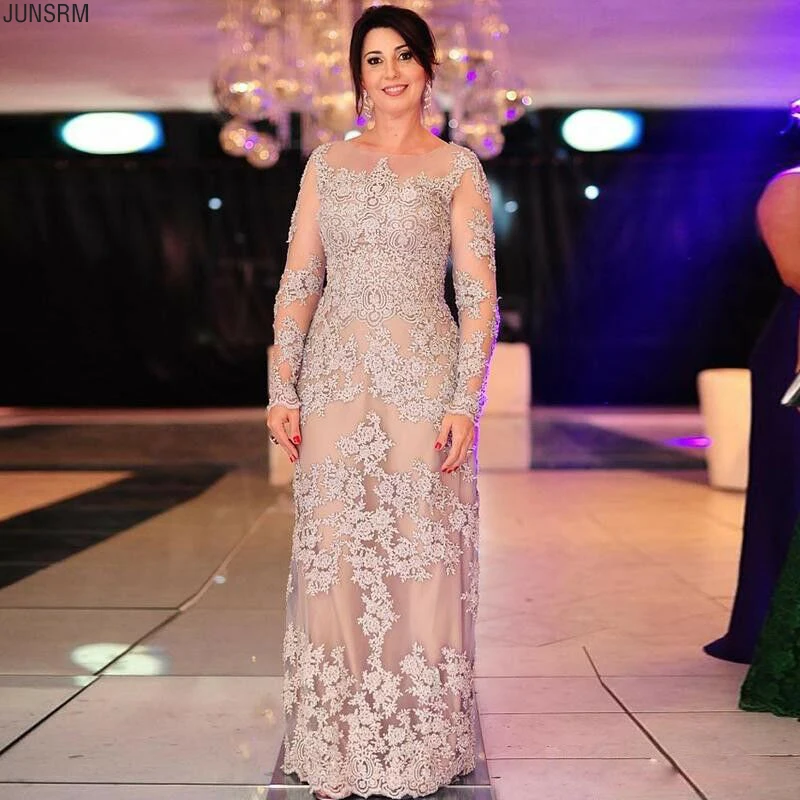 

Long Sleeves Formal Mother Of The Bride Groom Dresses Jewel Appliques Full Lace Wedding Party Dress Plus Size Customize