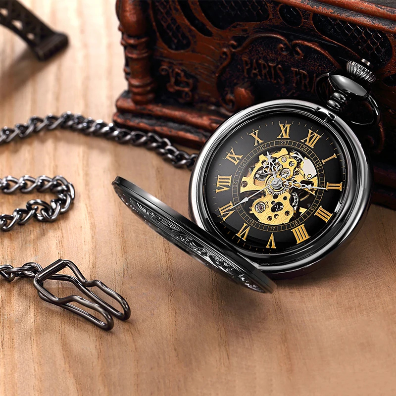 Roman Numeral Black Gold Mechanical Pocket Watch Antique Gear Skeleton Case Dial Male Fob Chain Clock for Men Women Dropshipping
