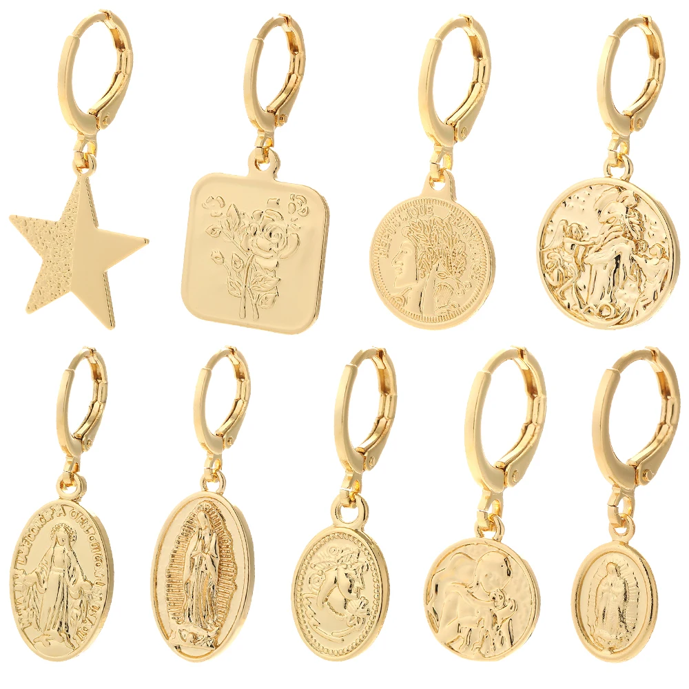 

Coin Hoop Earrings Our Lady Dangle Earrings Gold Star Ear Rings for Female Cubic Zircon CZ Party Gift Korean New Fashion 2021