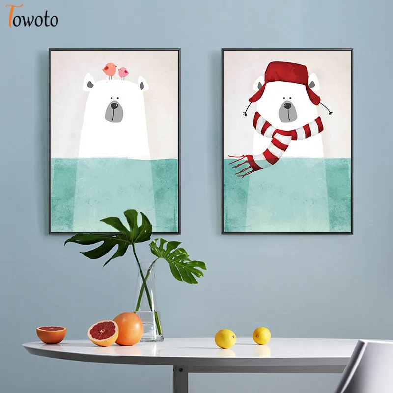 Cute Beer Print Kids Poster Cartoon Canvas Painting Nursery Mint Green Wall Art Children Room Decoration Picture Decor |