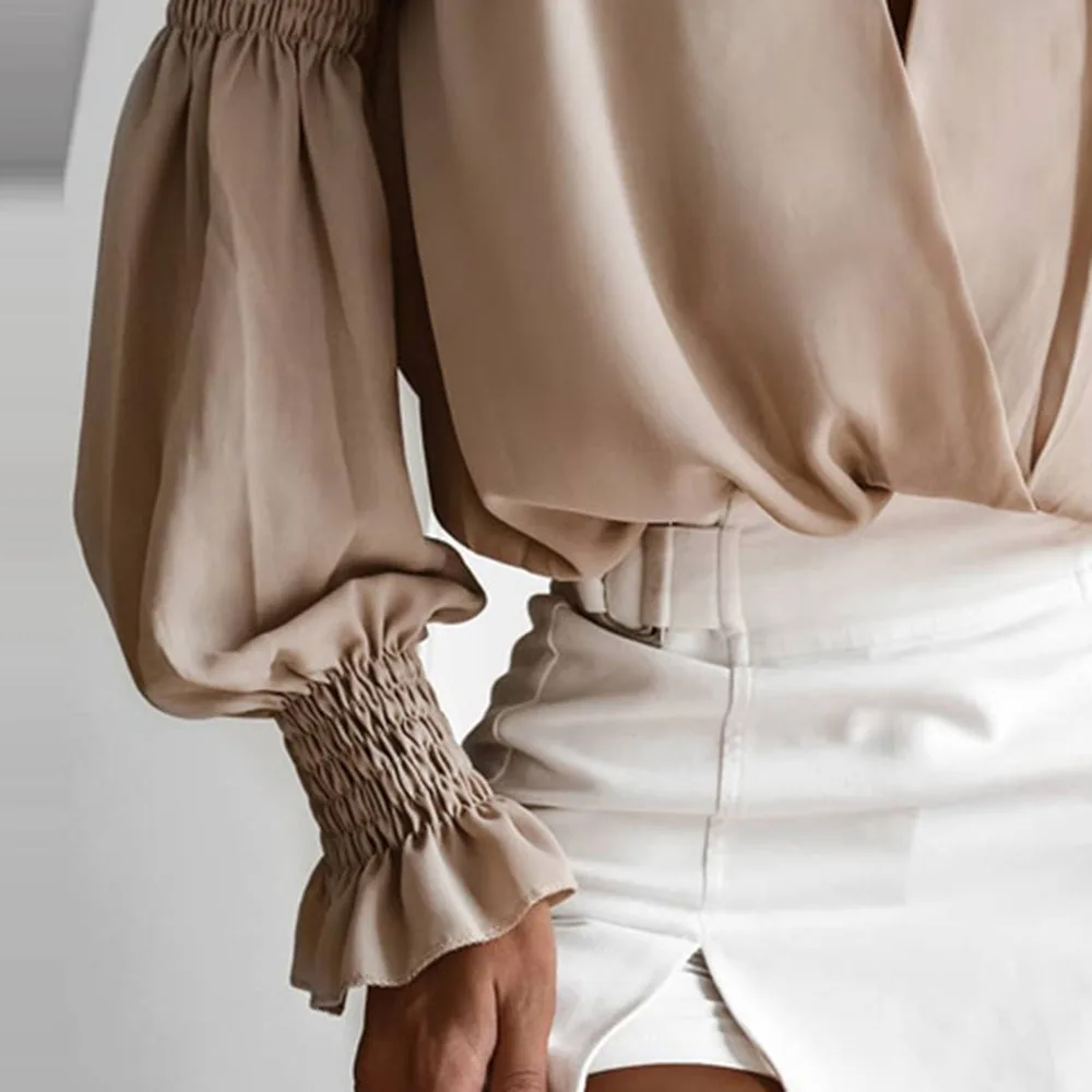 

Chic Blouse Women 2021 New Solid Long Sleeves Deep V Neck Fashion Office Lady Mid-Length Female Straight Tops Wear Shirt Blouse