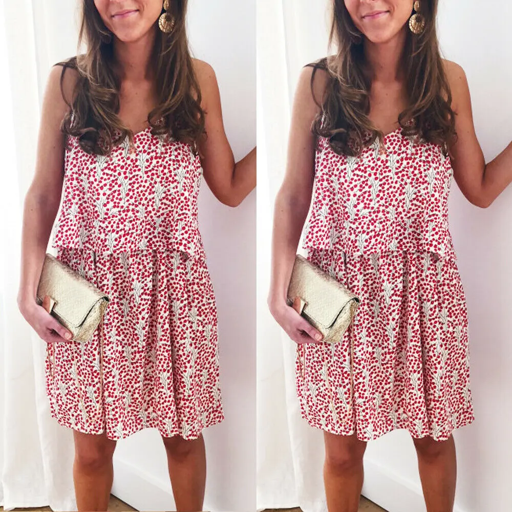 

Women's Bohemian Floral Print Summer Loose Mini Dress Lady Spaghetti Strap V-neck Backless Party Evening Beach Sundress