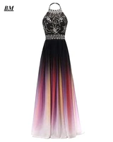 a line halterombre prom dresses 2021 chiffon sequins beading long gradient formal evening dress party gown vestidos de gala bm11