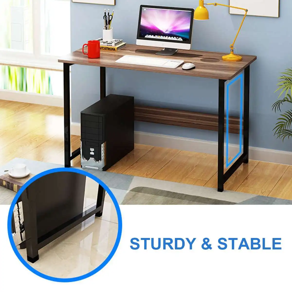 

Computer Laptop Desk Modern Style Computer Table with Bookshelf Wooden Standing Desks Round Edge for Home Office Living Room
