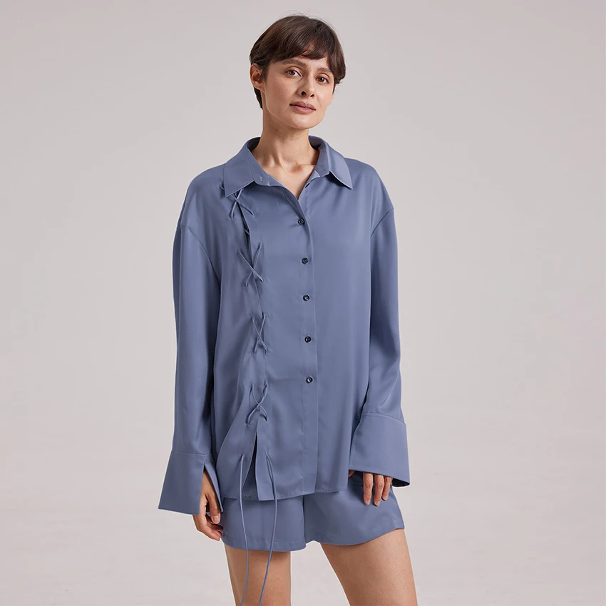 

Restve Lace Up Pajamas Women 2 Piece Set Satin Turn Down Collar Long Sleeve Tops Chic Home Suits With Shorts Solid Female Casual