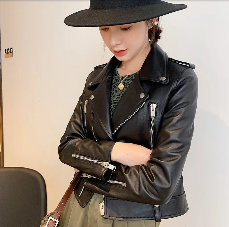 2021 New Women's Motorcycle Biker Genuine Real Sheepskin Leather Short Coat & Jacket  Spring and Autumn Black Oversized XXXXL