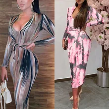 2021 Printed Round Neck Slim Fit Lace-up Buttocks Sexy Temperament Thin Dress (4)