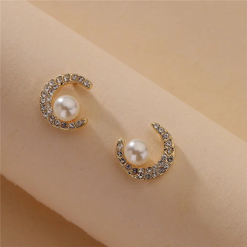 

925 silver needle Japanese and Korean Simple pearl earrings personality diamond moon earrings simple design earrings