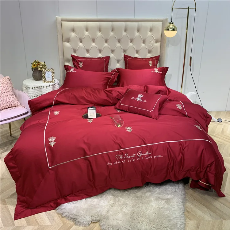 Red -7pcs set Китайский Troditional Свадебные красное постельное белье натуральный хлопок стеганое одеяло, покрывало с вышивкой Горячая 1,8 м постельное белье для двуспальной кровати статьи - Цвет: Red -7pcs set