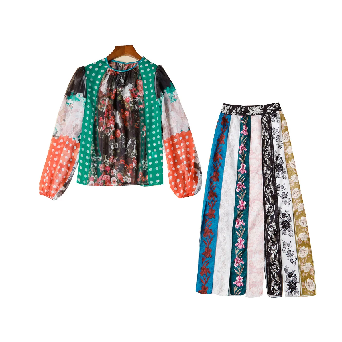 

European spring 2021 women's restoring ancient ways round collar light long sleeve printing jacket + long skirt outfit
