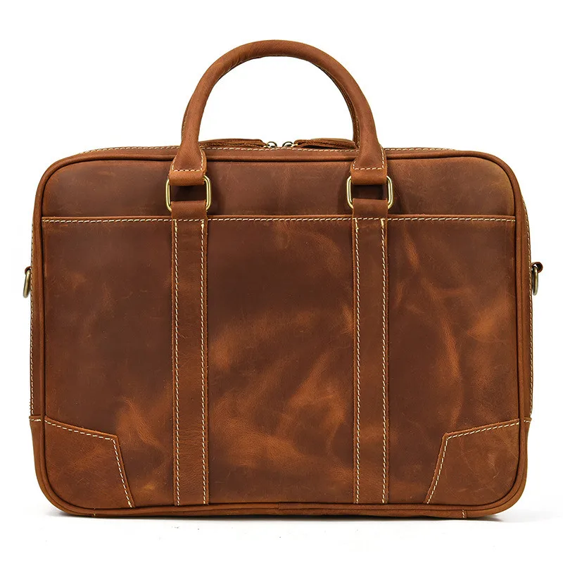 Vintage natural crazy horse cowhide men briefcase double compartment 2 zipper laptop handbag work genuine leather messenger bag