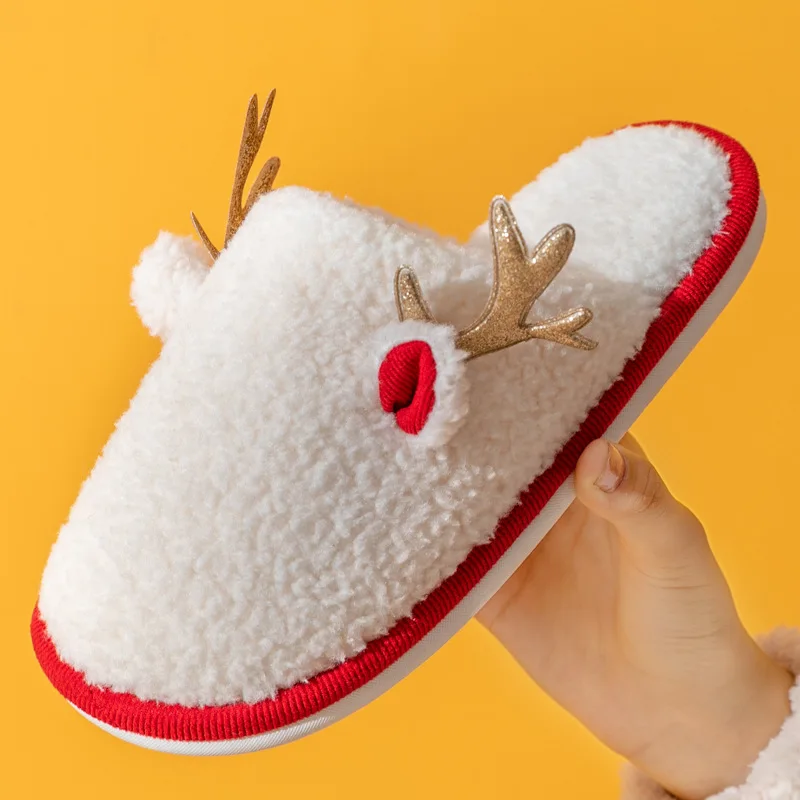 

Christmas Home Slippers Soft Thick Sole Women Men Indoor Bedroom Warm Slipper Plush Floor Lovers Winter Fur Platform Slides Gift