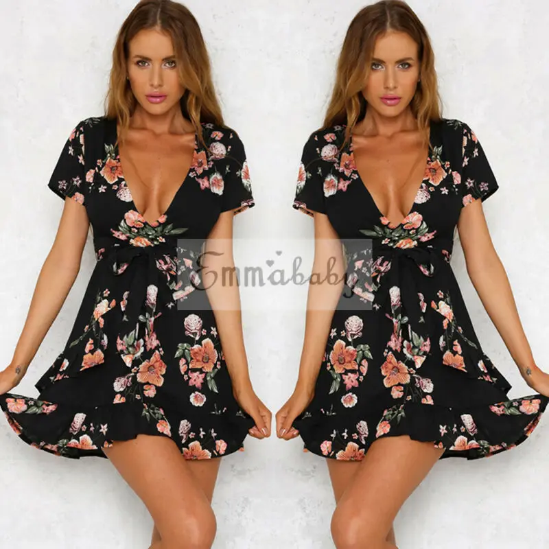 

Summer Sexy Women's Short Sleeve Floral Printed Boho Floral Wrap Frill Beach Short Mini Dress Sundress