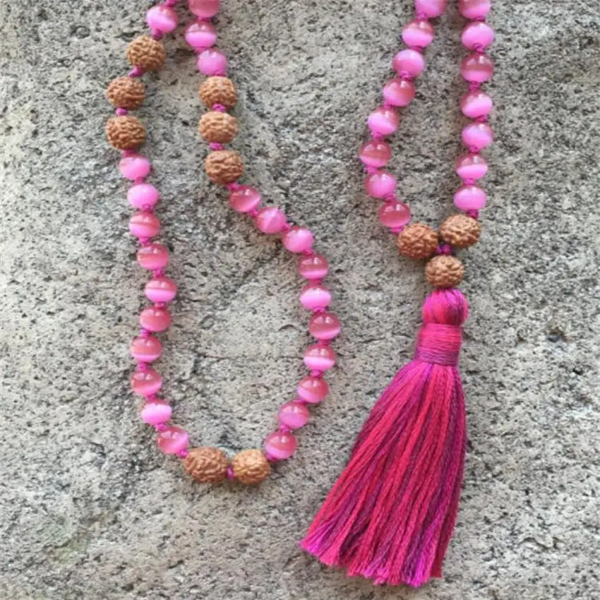 

8mm rose red Cat's eye Rudraksha Mala necklace 108 Beads Healing MONK Hot Tassel Bless mala Handmade Chakas yoga Meditation