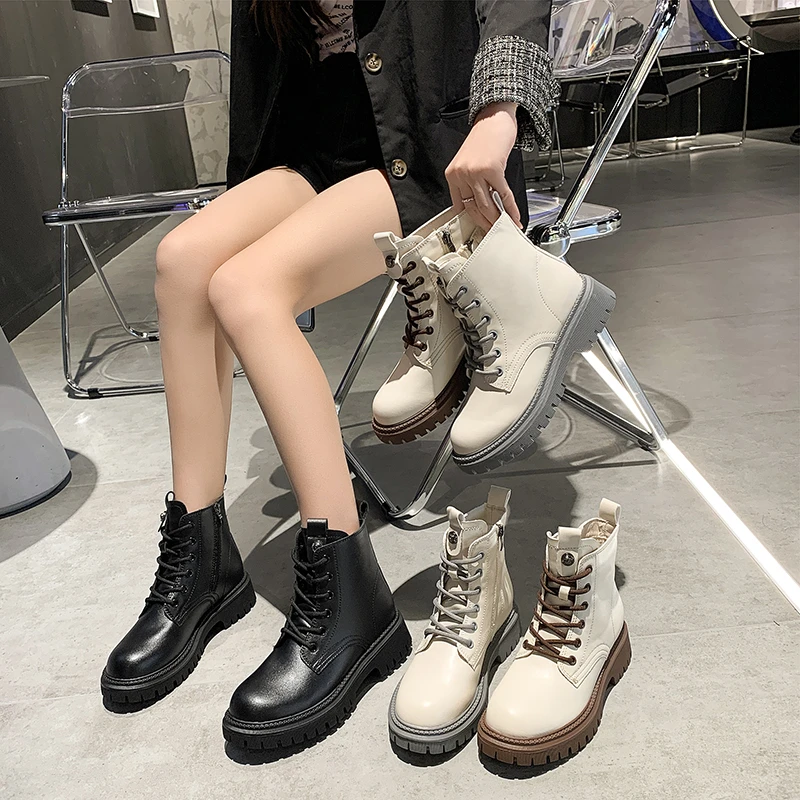 

Autumn Winter Women Ankle Boots Leather Fashion Ladies Low Square Heels Lace Up Shoes Woman Black Beige Motorcycle Boots