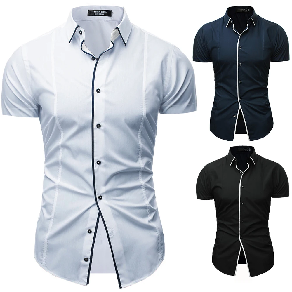 

Shirt, Summer Fashion New Foreign Trade Men'S Plain Color Welt Decoration Casual Short-Sleeved Shirt, Youth Trend -3X short-Slee