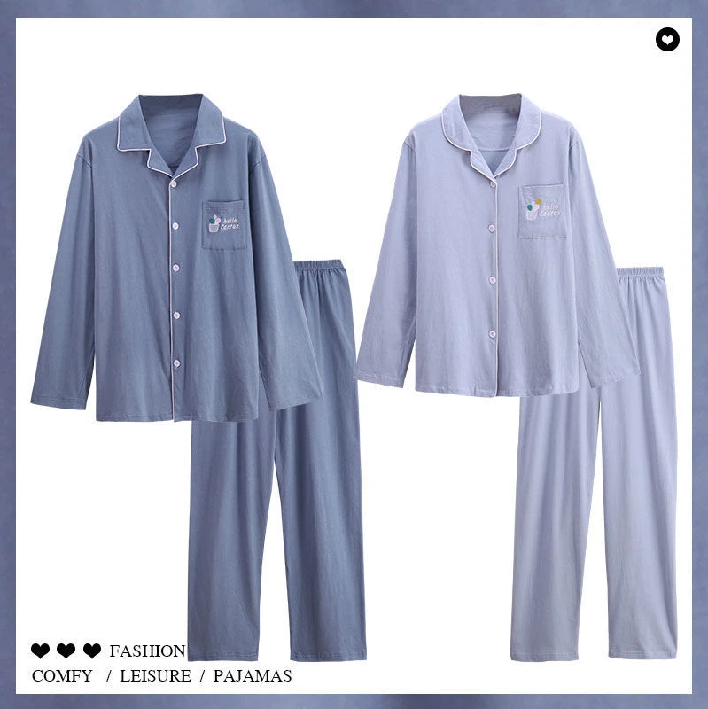 Spring and Autumn Cotton Pajamas Men Loose Large Yards Lapel Long-sleeved Sweet Pajamas Women Cotton Home Wear Couple Pajamas