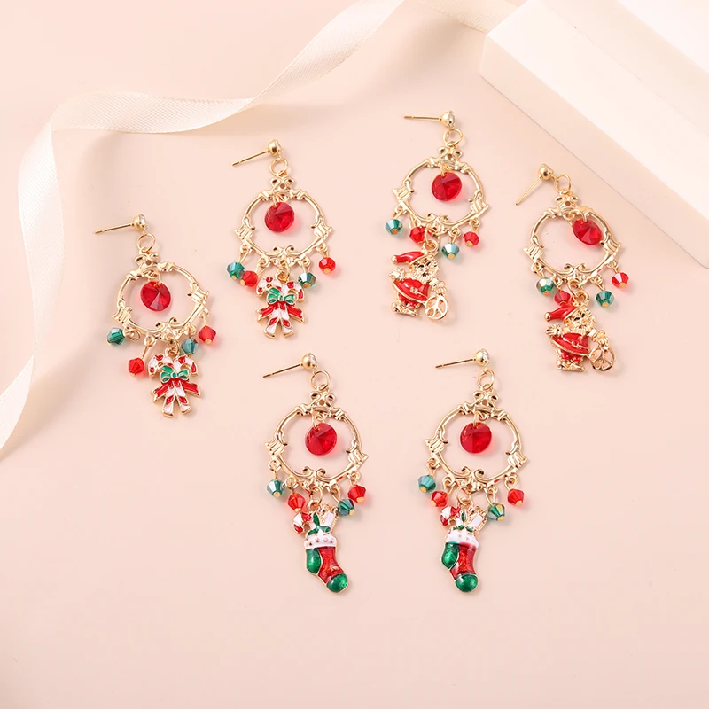 

Multicolor Beaded Christmas Earrings Charms Red Green Bead Santa Claus Tree Sock Gift Jewelry Travel Party New Year Gifts for Fr