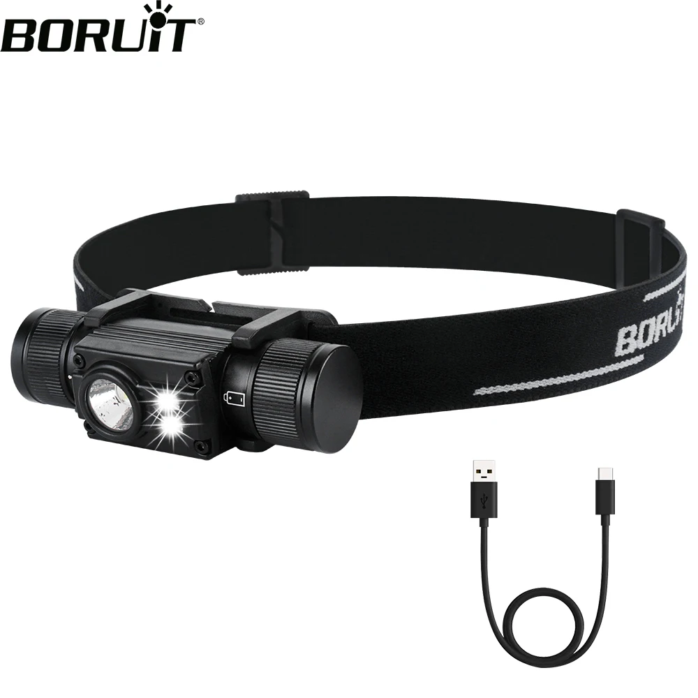 BORUiT HP500 LED Headlamp 7-Mode Powerful Headlight Type-C Rechargeable 18650 Waterproof Head Torch for Camping Fishing Hunting