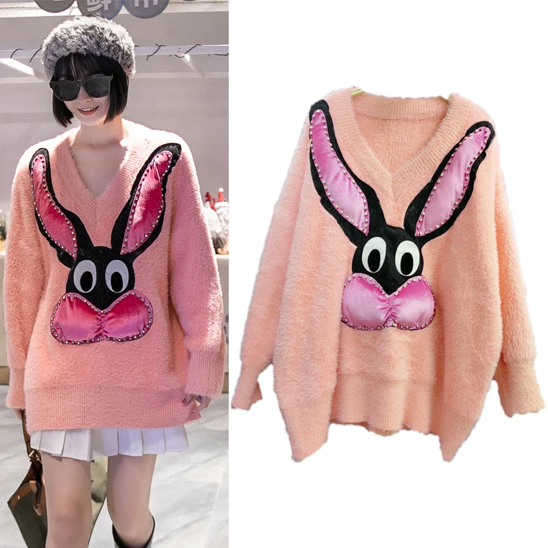 

Casual Oversized Ladies Sweater Women's Autumn And Winter Thick Sweet Cartoon Doll Patchwork Full Sleeve Fashion Pullovers Tops