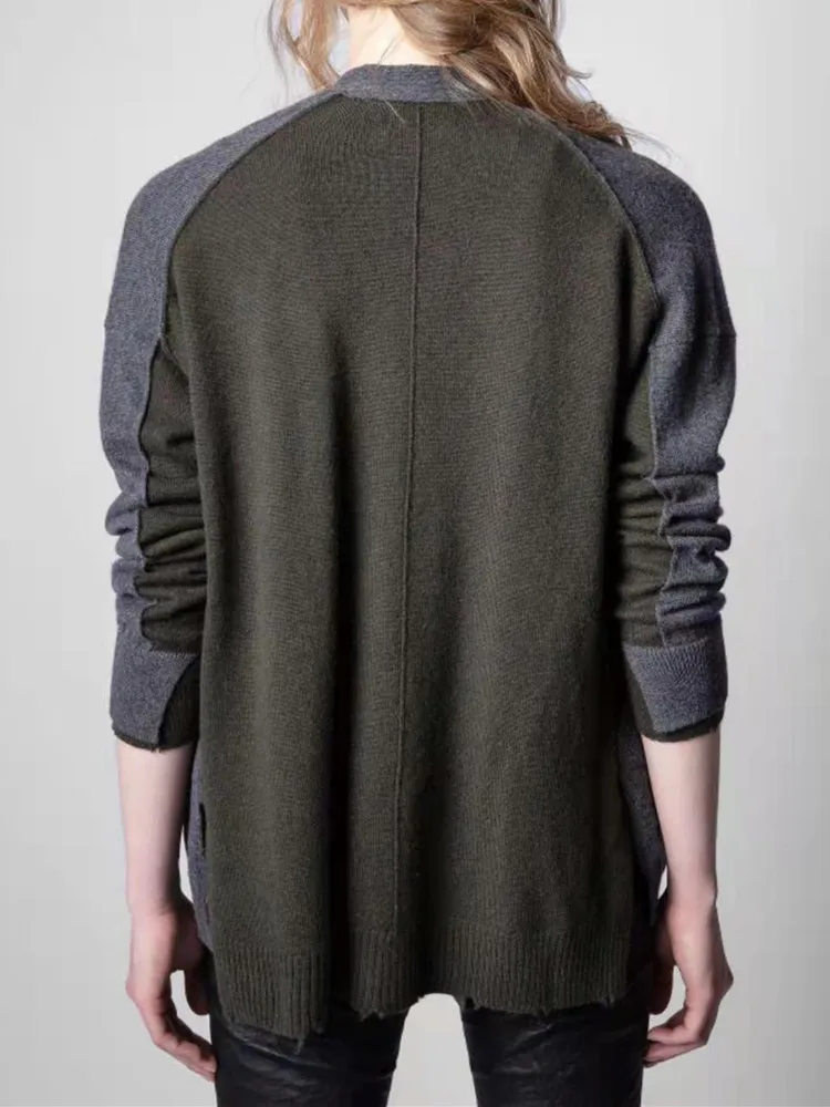 

Women 100% Cashmere Patchwork Color Sweater V-neck Single Breasted Loose 2021 Autumn Winter Knit Cardigan Top