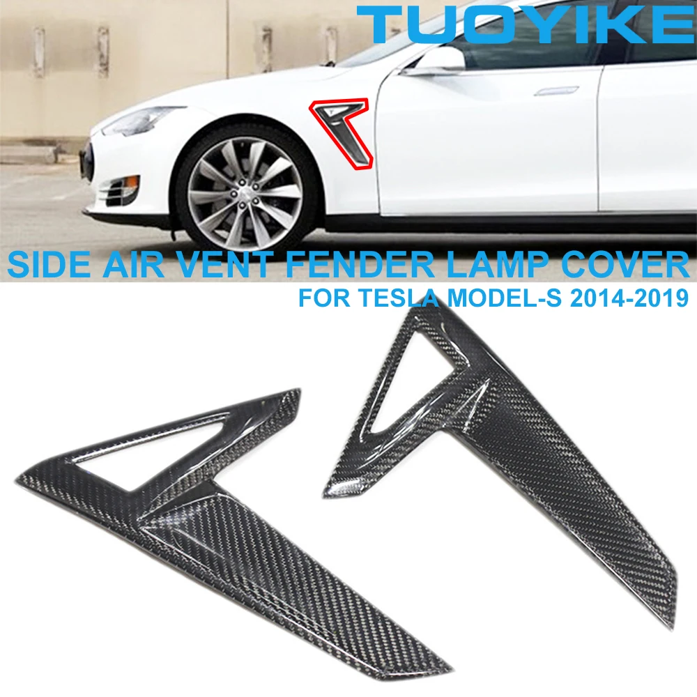 

2PCS Car Styling Real Dry Carbon Fiber Front Side Fender Vent Fin Trim Light Lamp Shade Cover Sticker For Tesla MODEL-S 2014-19