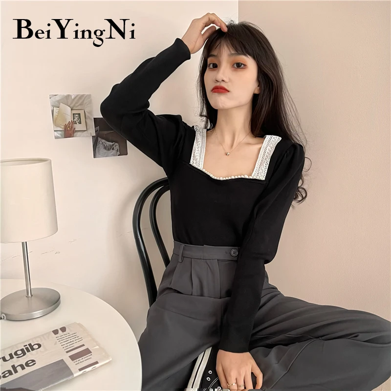 

Beiyingni New Fashion Vintage Square Collar Slim Womens Tops Lace Patchwork Chic Sweater Female Harajuku Casual Sweaters Ladies