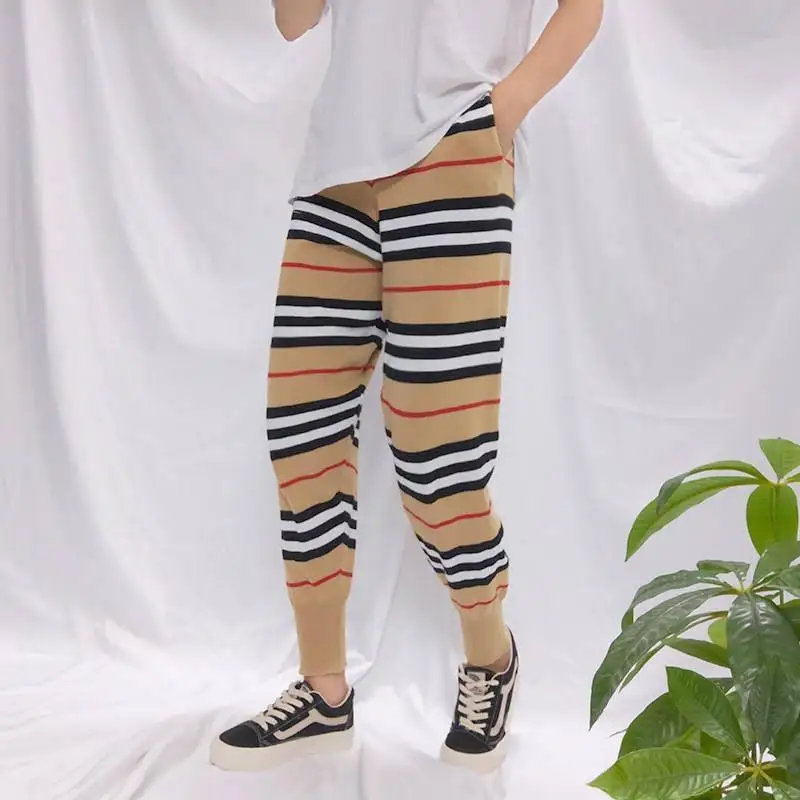 

British Style Khaki Harem Pants Women's Korean-Style Striped Knitted Casual High Waist Capri-Pants Beam Feet Loose Sports