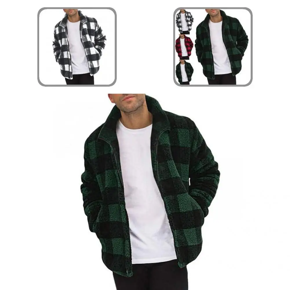 

Simple Cardigan Jacket Comfy Fleece Jacket Stand Collar Cold Resistant Men Warm Fleece Fuzzy Coat