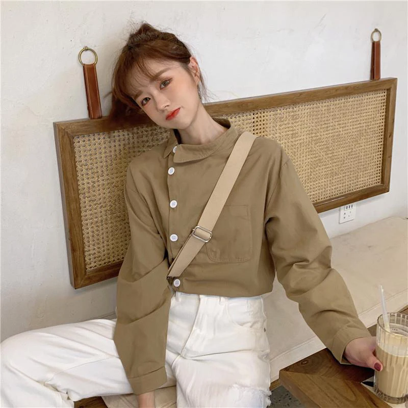 

New Arrival Spring Autumn Preppy Style Women Long Sleeve Cotton Loose Shirts Irregularity Skew Collar Casual Blouse Tops S442