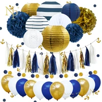 nicro new 38 pcsset navy blue anchor happy birthday paper flower pompom balloons party decoration baby shower diy set52