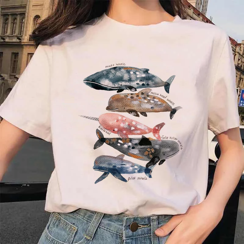 Футболка женская с принтом акварели и китов | Женская одежда