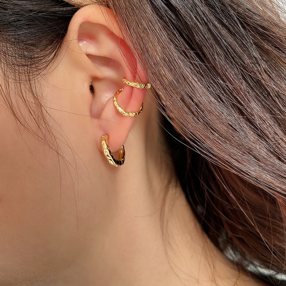 

S925 Sterling Silver Minimalist Burnt Texture Ear Clip No Pierced Texture Gold Hoop Ear For Women Silver 925 Jewelry