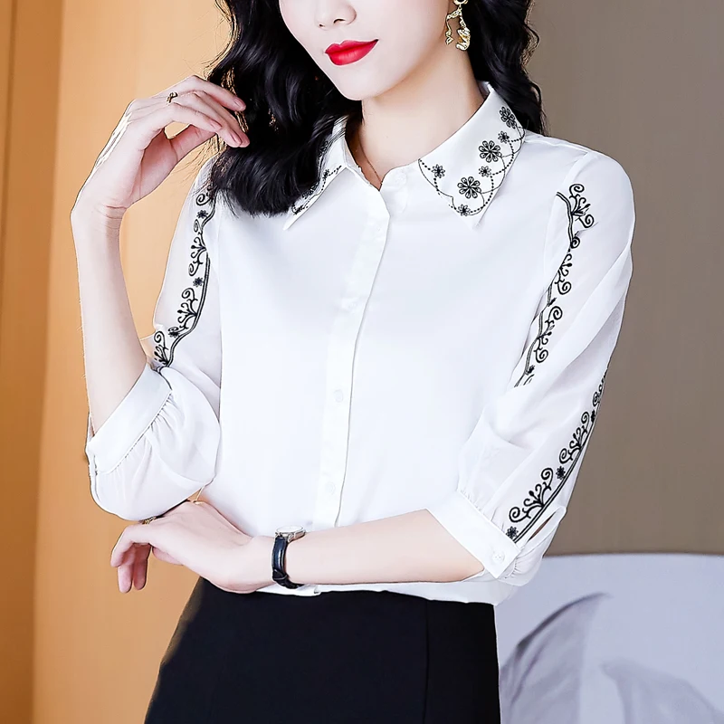 

Fashion Women's Shirt Embroidery Blouses for Women White Satin Shirts Polo Neck Office Lady Blouse Tops Female Woman Basic Shirt