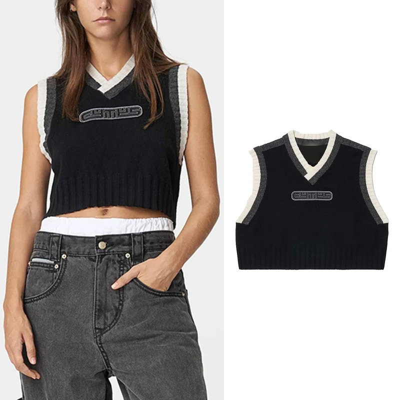 

Women Autumn Vintage Knitted Sleeveless Vest Cross V-Neck Letters Printed Cropped Tank Top Ribbed Trim Loose Pullover Sweater Ju
