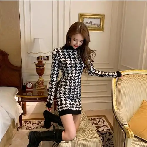 

Slim and slim thousand bird check T-shirt autumn and winter 2020 new women's luxury dress