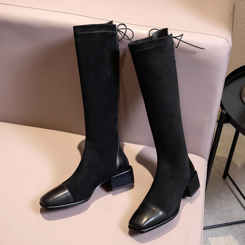 

Brand Genuine Leather Boots Women Luxury Fashoin Spring Winter Black Mid Calf Knight Boots Comfort Square Lace Up Shoes Size 42