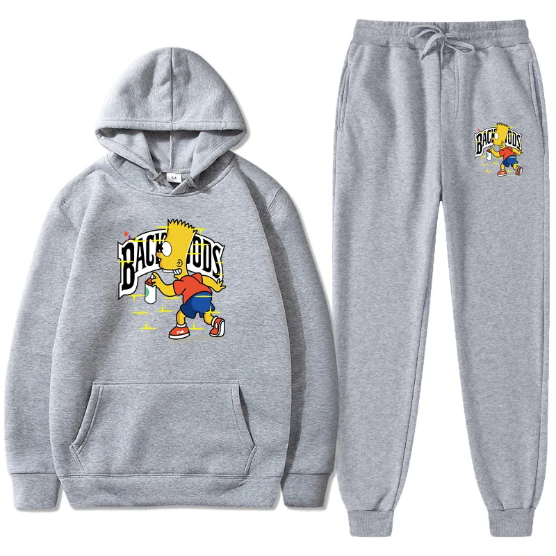 

2022 Autumn Winter New Hip Hop Funny Anime Cartoon Backwoods Printed Plus Fleece Casual Sets Men Hoodies Sweatshirts +Pants Suit