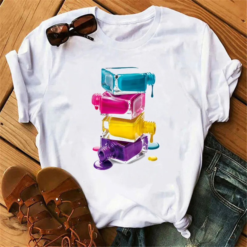 

Women Fashion Summer T Shirt Harajuku 3D Nail Paint Color Printed Plus Size Top Tshirt Female Graphic Ladies T-shirt