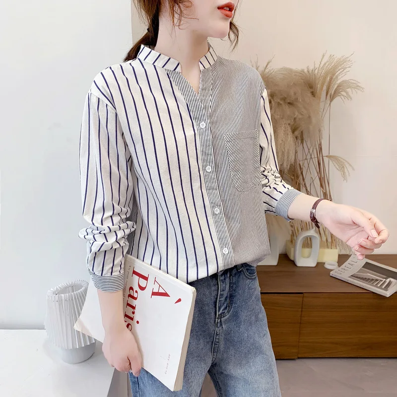 

Женская рубашка в Вертикальную Полоску с одним карманом и стоячим воротником, осень 2020, Новая Художественная Свободная рубашка Han Fan