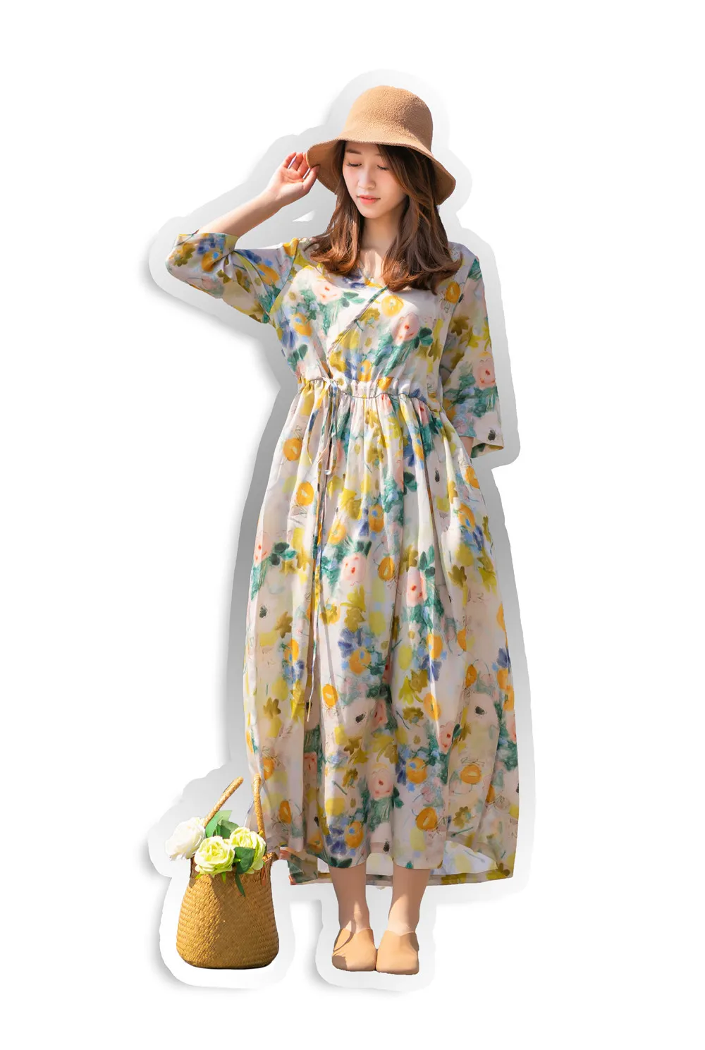 

Art travel dress silk hemp V-neck drawstring waist loose slim dress t191230