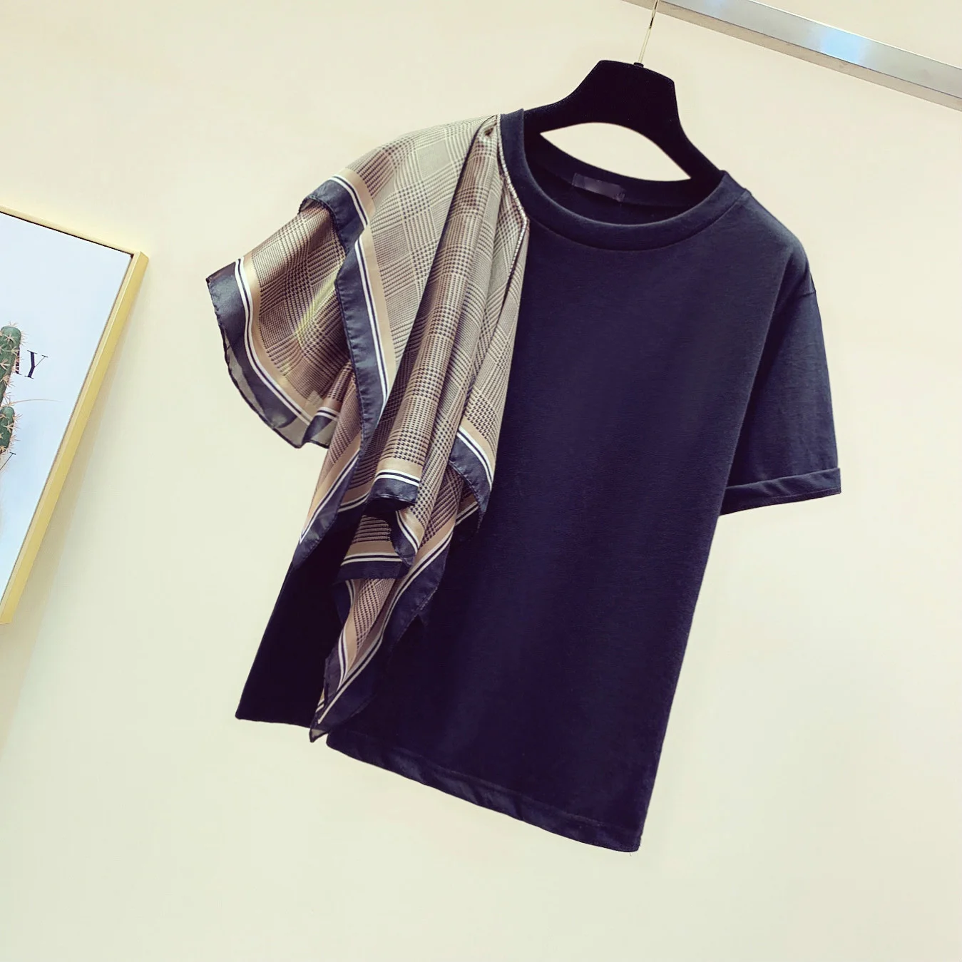 

Summer Tshirt Women 2020 Summer Female Round Collar T-shirt Splicing Irregular Oblique Sash Decoration Short-sleeved Tee Korean