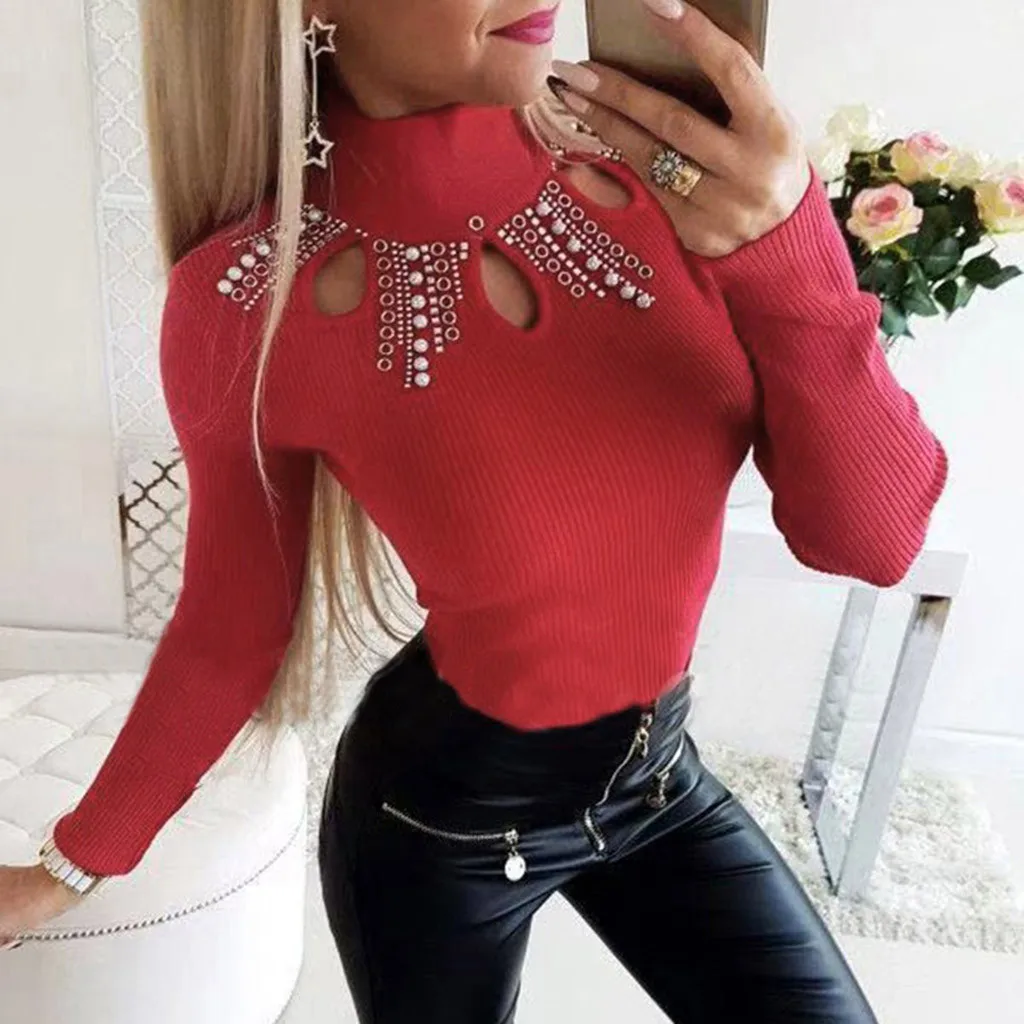 

Winter Ladies Solid Slim Bottom Tops Female Women Long Sleeve Shirt Blusas Pullover Fashion Rhinestone Turtleneck Blouse Casual