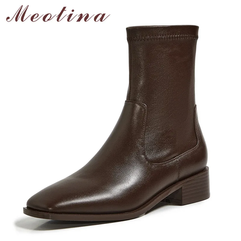 

Женские ботильоны из натуральной кожи Meotina, ботинки на среднем каблуке, с квадратным носком, без застежки, Стрейчевые полусапожки на массивн...