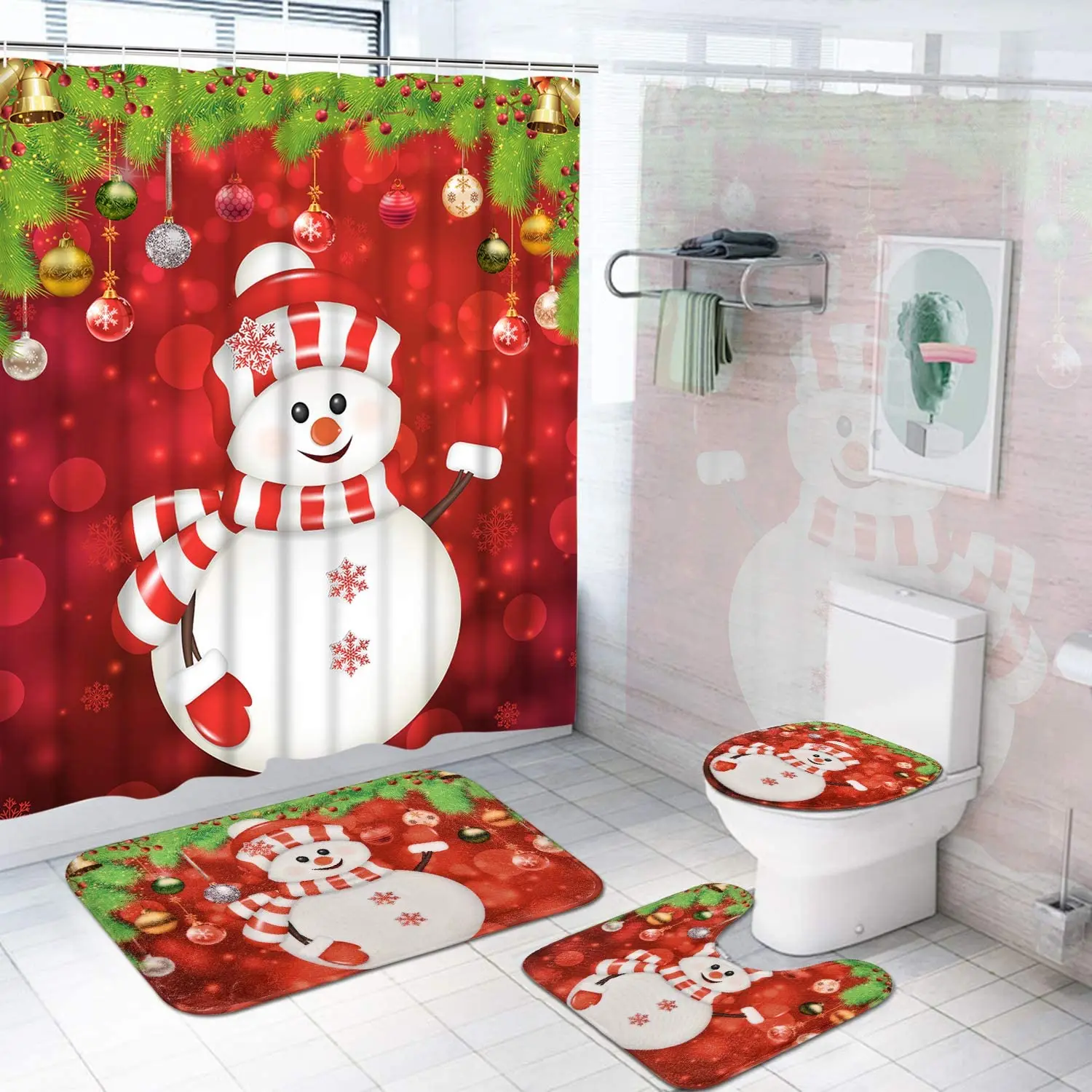 

Christmas Snowman Print Shower Curtain Set Carpet Cover Toilet Cover Bathroom Mat Cushion Cover Bathroom Curtain Household