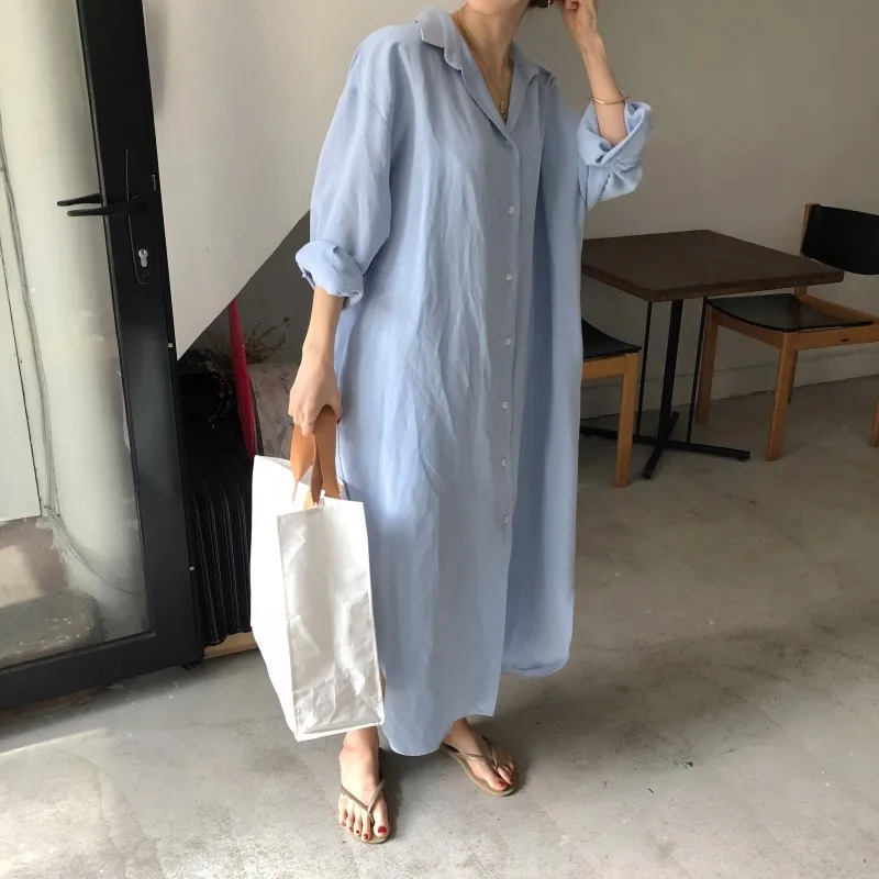 

Blue Lapel Shirts Dress 2021 Spring Fall Long Sleeve White Cotton Loose Plus Size Long Shirt Women Blouse Casual Korean Clothes